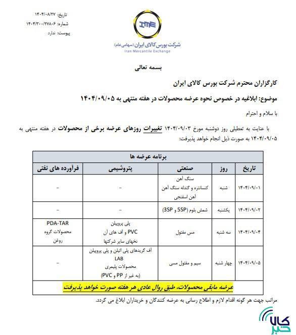 ابلاغیه بورس کالا در خصوص نحوه عرضه محصولات در هفته منتهی به ۵ آذر ماه ۱۴۰۴