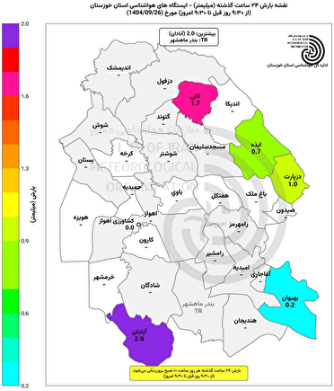 بیشترین میزان بارندگی، ۲ میلیمتر، در آبادان