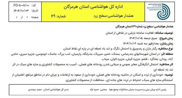 هشدار زرد هواشناسی هرمزگان نسبت به اختلال دریایی و احتمال سیلاب‌های محلی